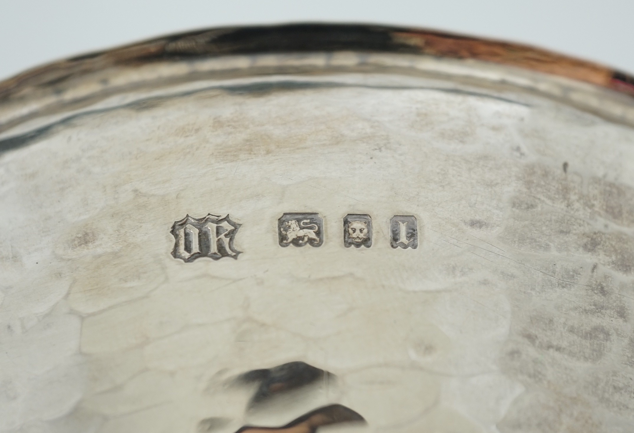 A George V Omar Ramsden planished silver pedestal bowl